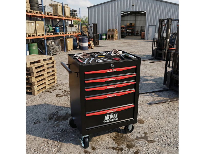 Armoire à outils mobile 60 x 33 x 77,5 cm noir et rouge en acier, 5 tiroirs sur roulettes verrouillables - Conforama B