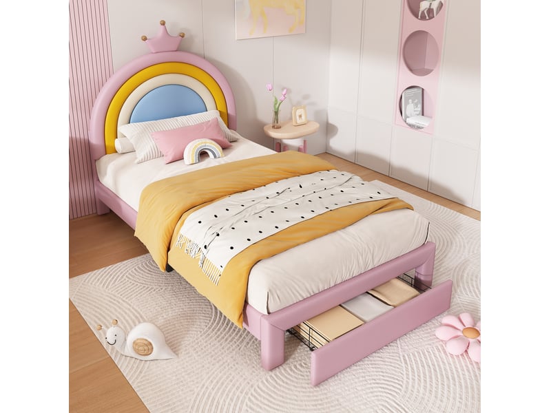  Lit enfant 90x200 cm avec tiroir, tête de lit réglable rose  - Conforama D