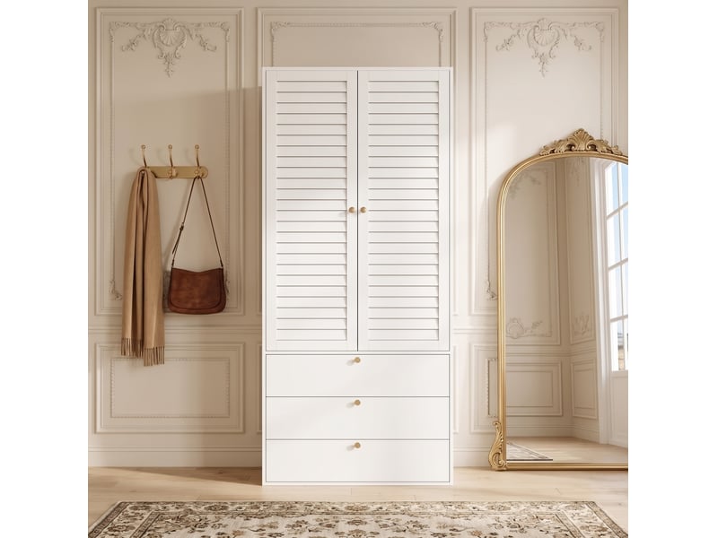 Armoire 2 portes modenvie à lamelles 90 x 50 x 200 cm avec 3 tiroirs blanc - Conforama D