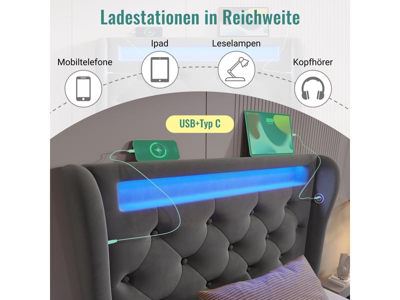  Lit coffre, lit enfant 90x200 cm, tête de lit avec rangement, led, usbusb-c, velours gris, matelas inclus  - Conforama W