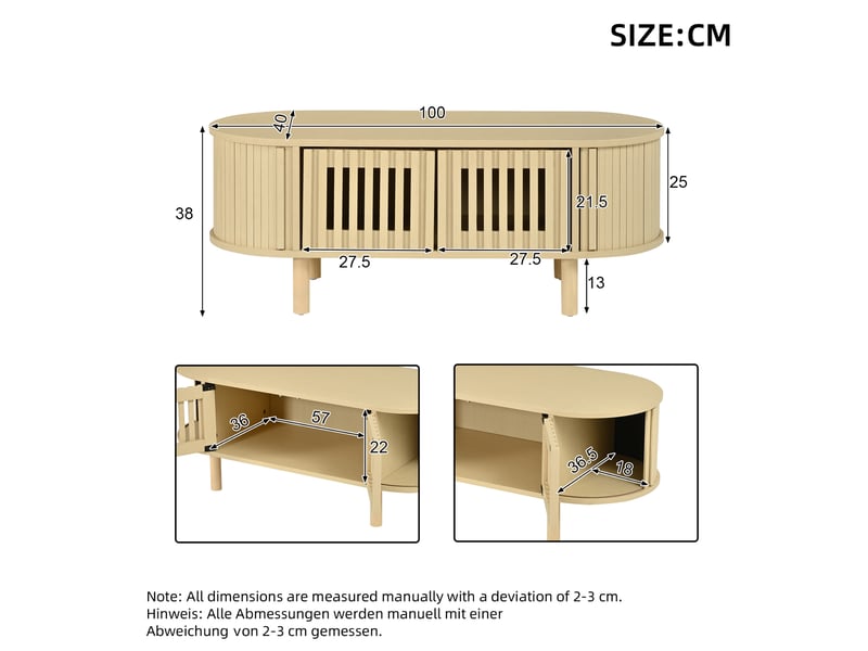  Table basse ovale 100 x 40 x 38 cm naturel mdf, 2 portes à lamelles et porte coulissante de rangement  - Conforama C