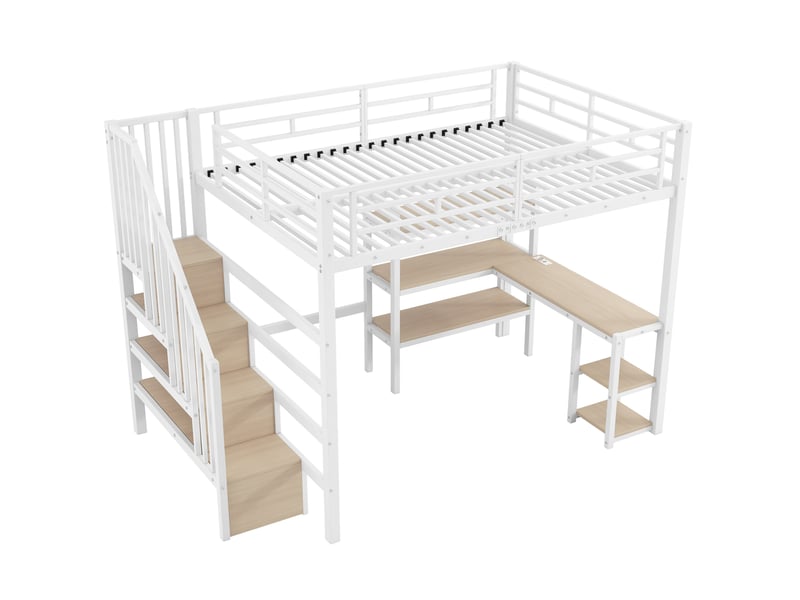  Lit mezzanine 140x200 cm, lit gain de place bureau intégré rangement led escalier, métal et mdf, blanc, sans matelas  - Conforama E