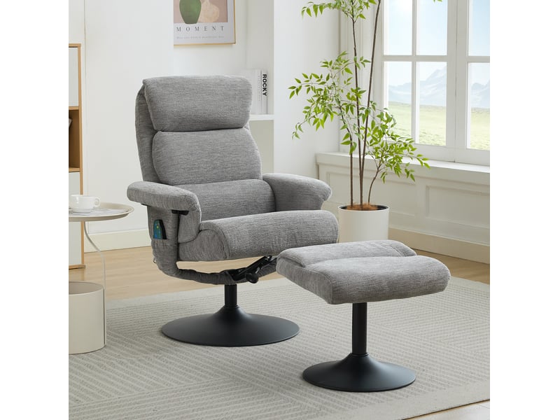  Fauteuil relax pivotant en chenille grise avec massage, chauffage et repose-pieds  - Conforama B