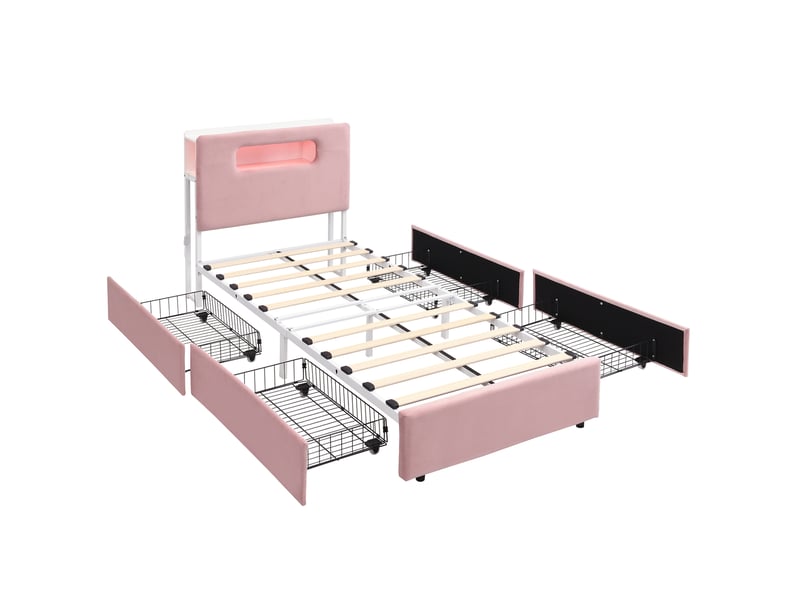  Lit enfant 90x200 cm lit rembourré avec 4 tiroirs et led via application, velours rose, sans matelas  - Conforama D