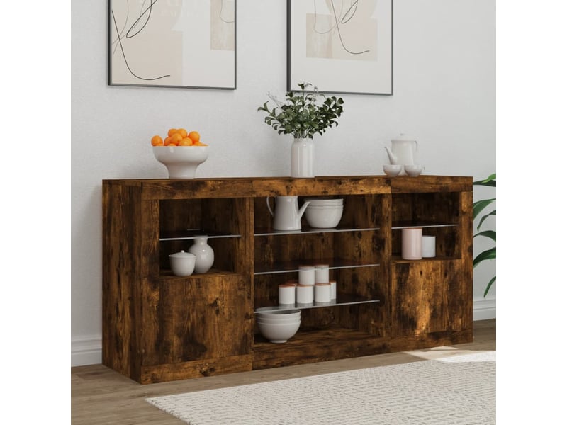 Buffet salon, buffet de rangement avec lumières led chêne fumé 142,5x37x67 cm - Conforama C