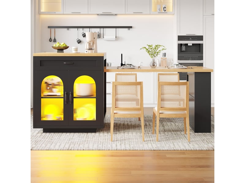  Îlot de cuisine extensible moderne avec éclairage led, 2 tiroirs, étagères réglables, portes en verre strié, plan de travail en mdf  - Conforama C