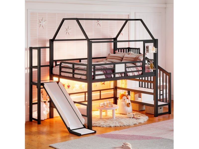  Lit mezzanine 140 × 200 cm enfant avec toboggan, escalier à rangements, éclairage led bluetooth, chambre, métal noir  - Conforama B