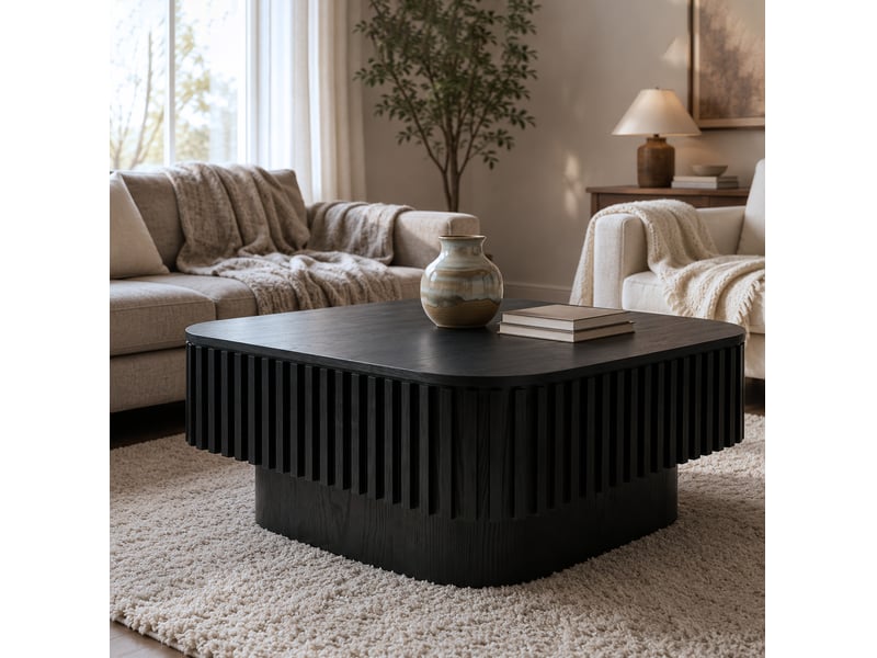  Table basse carrée cannelée 75x75x35 cm avec rangement caché mdf noir  - Conforama B