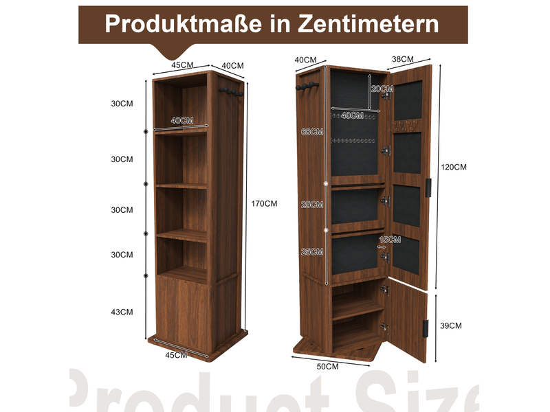  Armoire à bijoux pivotante 360 degrés 50x50x170 cm, noyer foncé, mdf et verre avec miroir intégral  - Conforama C