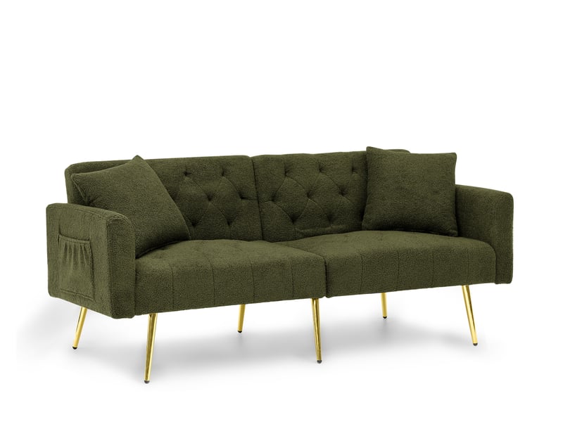Canapé 2 places convertible 177x78x74 cm vert, tissu bouclette, dossier réglable 3 positions, pieds métal doré - Conforama D
