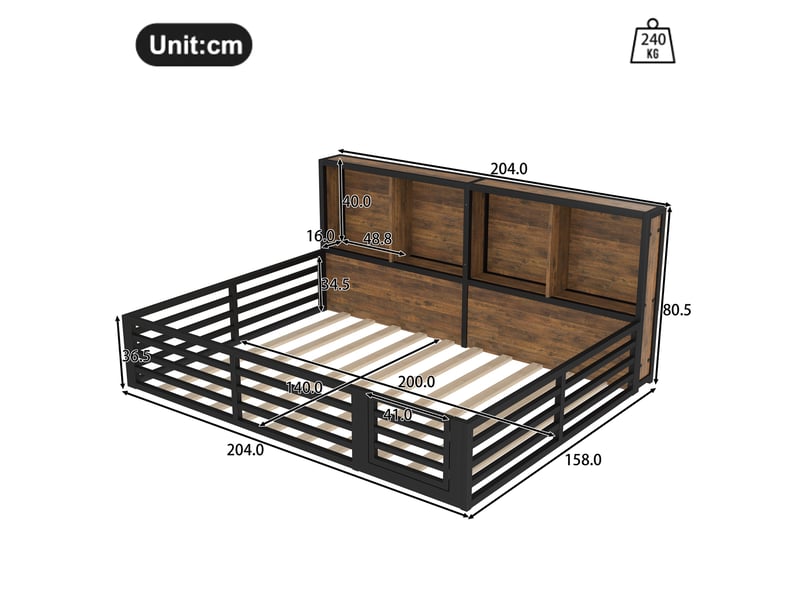  Lit jeune 140x200 cm, led, rangement latéral, barrières sécurité, sommier, métal + mdf, noir, sans matelas  - Conforama C