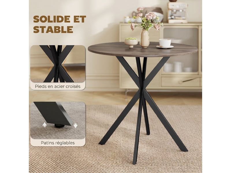  Table à manger ronde pour 2 personnes avec plateau aspect bois et piètement croisé en acier, marron  - Conforama R