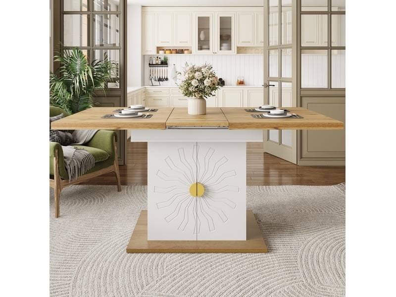  Table à manger extensible blanche et bois clair 110 à 140 cm, avec rangement intégré pour votre intérieur  - Conforama E