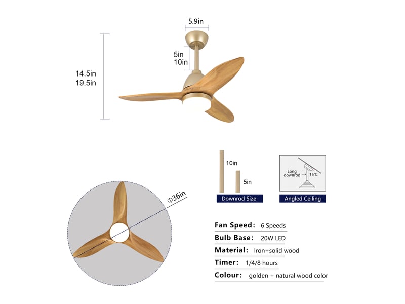  Ventilateur de plafond moderne 36 pouces en bois massif, led 3 couleurs, moteur dc silencieux, chêne doré  - Conforama C