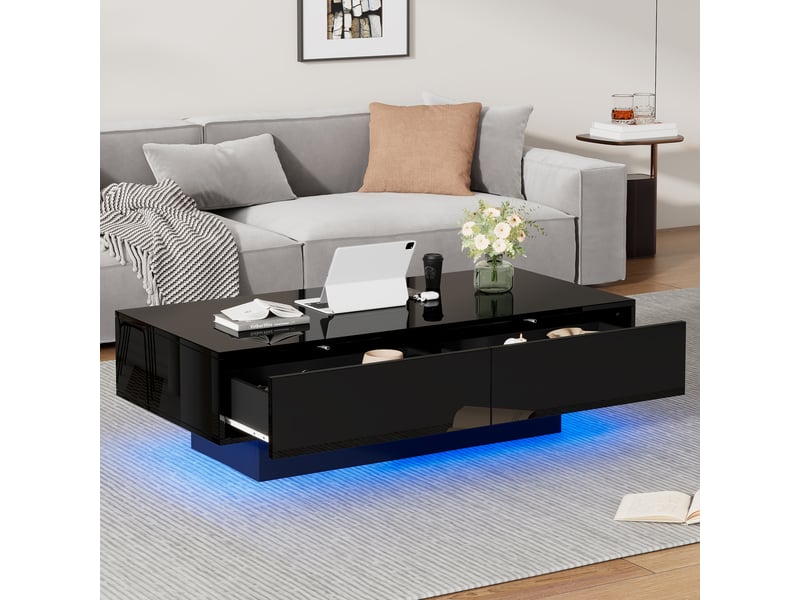  Table basse noire brillante, table de salon avec led intégrée et 2 tiroirs, meuble moderne 115x55x34 cm, capacité 30 kg.  - Conforama R