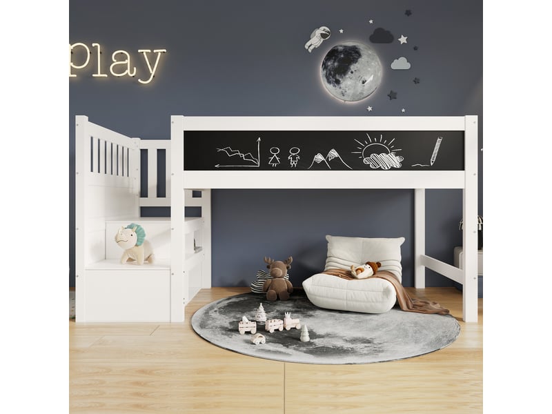  Lit mezzanine enfant 90x200 cm, tableau blanc, barrière de sécurité, sommier à lattes, cadre de lit, pour chambre enfant - blanc  - Conforama B