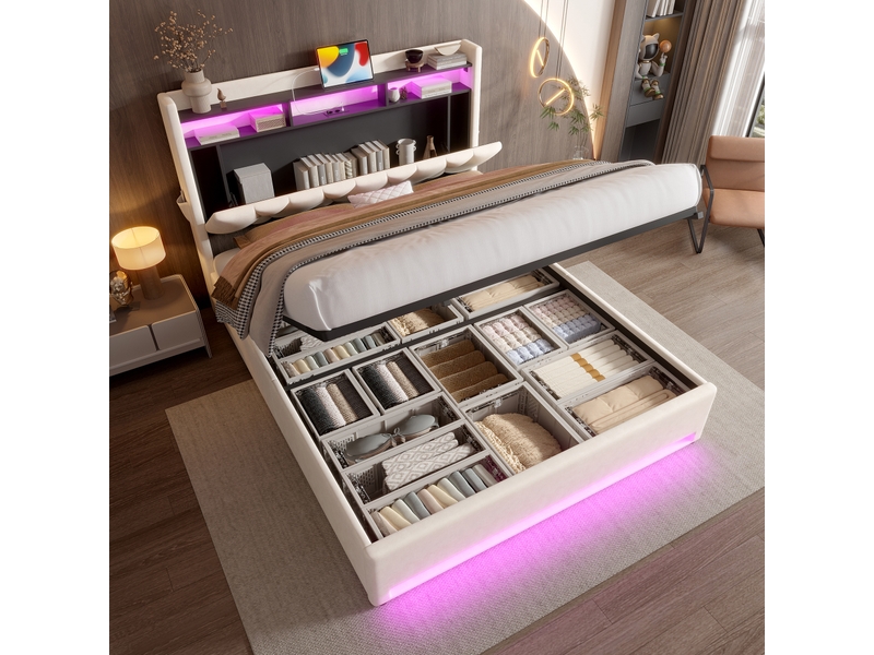  Lit coffre rembourré 140 x 200 cm, rangement hydraulique, tête de lit avec rangement, led, usb-c, velours, beige Bliss Lite - Conforama B