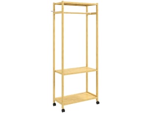 Portant à vêtements à roulettes, porte-manteau en bambou avec 2 étagères et tringle suspendue, bois naturel, 70x35x175cm