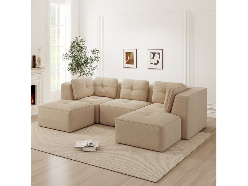  Canapé d’angle modulaire en u 3 places avec ottomane en velours côtelé beige  - Conforama D