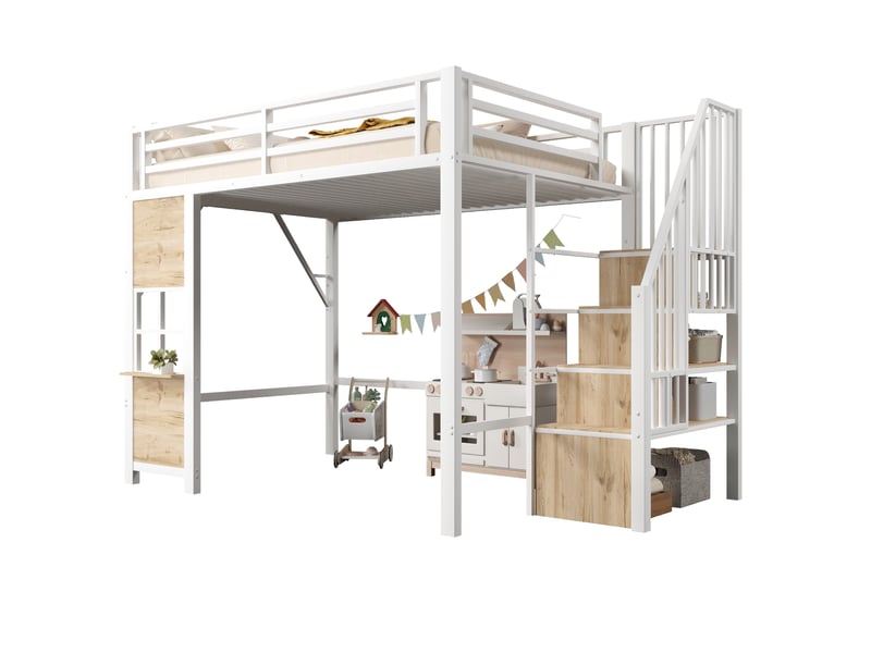  Lit mezzanine enfant 140 × 200 cm 2 places avec escalier de rangement et étagères, sans matelas, blanc  - Conforama A