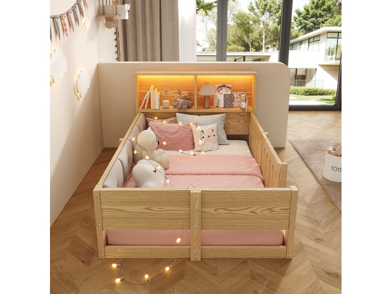  Lit simple enfant 90x200 cm avec rangement led coloris naturel  - Conforama D