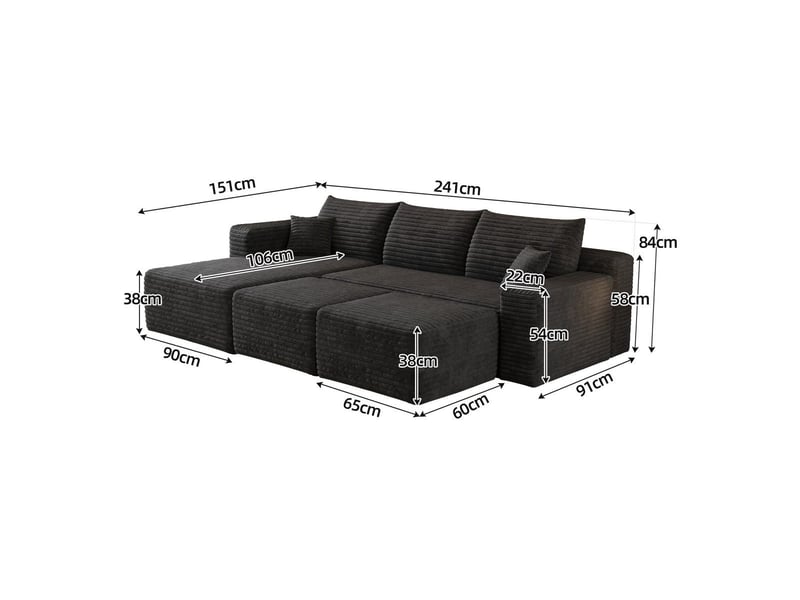  Canapé d'angle l 5 places en tissu velours côtelé noir, 241 cm, sans montage Y152-L-CHAISE-2SEATER-2O-BLACK - Conforama B