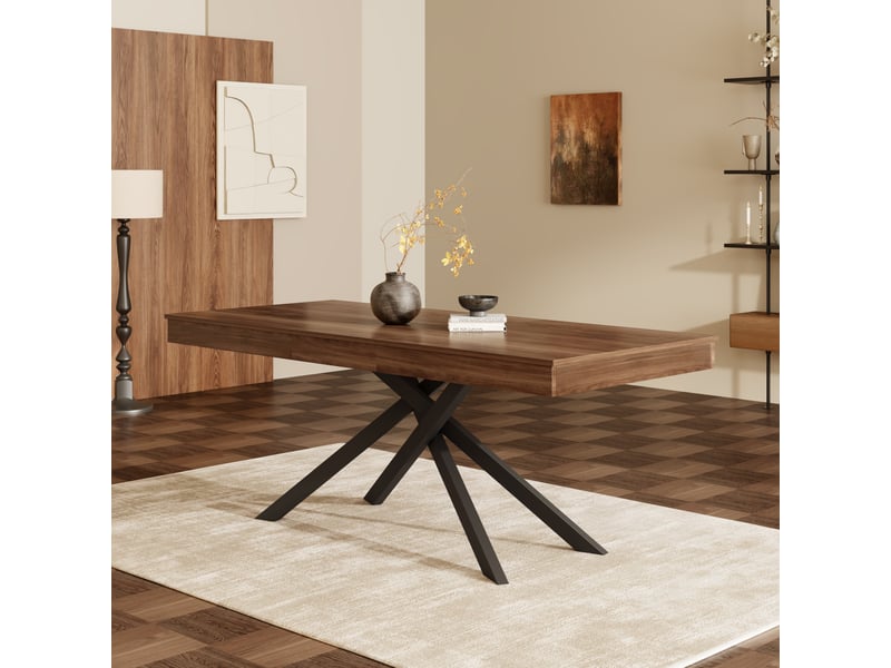 Table à manger extensible 140-180x80 cm pour 6 à 8 personnes, plateau épais, pieds croisés en métal, mdf effet noyer, salle à manger  - Conforama C