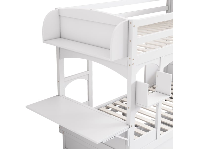  Lit superposé enfant 90x200 en bois massif blanc, lit multifonction avec bureau pliable, 2 tiroirs et étagère, sommier inclus.  - Conforama W