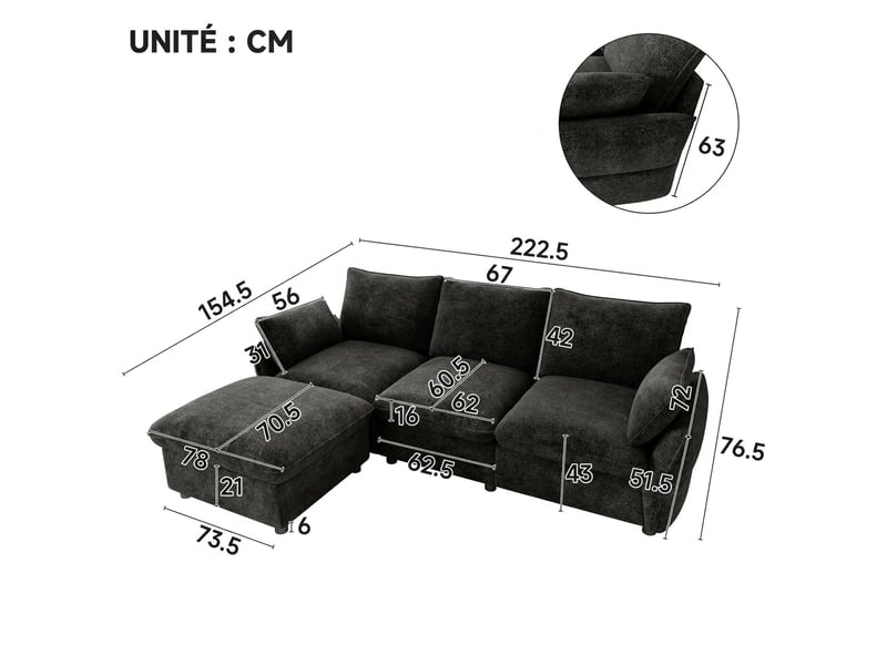  Canapé d'angle gris foncé en chenille 3 places avec pouf indépendant 222 cm  - Conforama C
