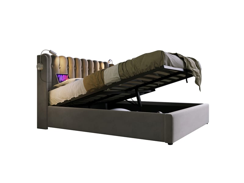  Lit coffre 160x200 en velours gris avec led, usb et tête de lit de rangement, style moderne  - Conforama A