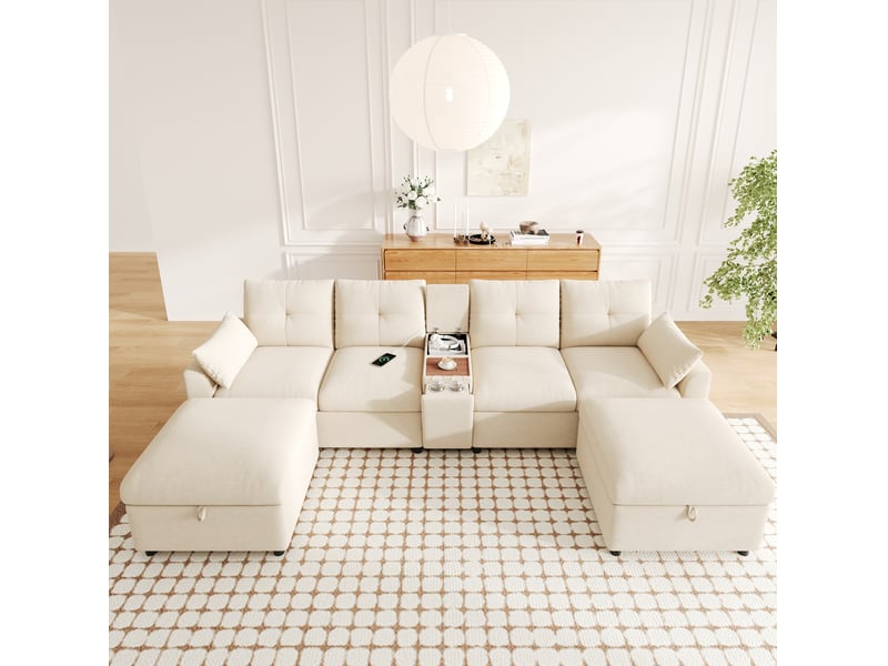 Canapé d'angle modulaire 6 places ul, 2 tabourets de rangement, console centrale avec rangement, tiroir coulissant et porte-gobelets rétractables, usb et type-c, chenille, beige - Conforama D