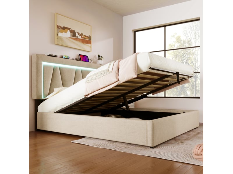  Lit coffre 140x200 cm avec matelas, led, usb et usb-c, tête de lit réglable beige  - Conforama D