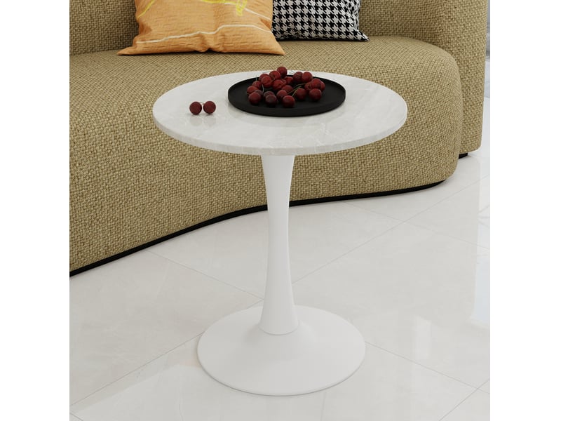  Table basse ronde 70x70x72cm style moderne du milieu du siècle, pieds hauts, marbre reconstitué, blanc  - Conforama R
