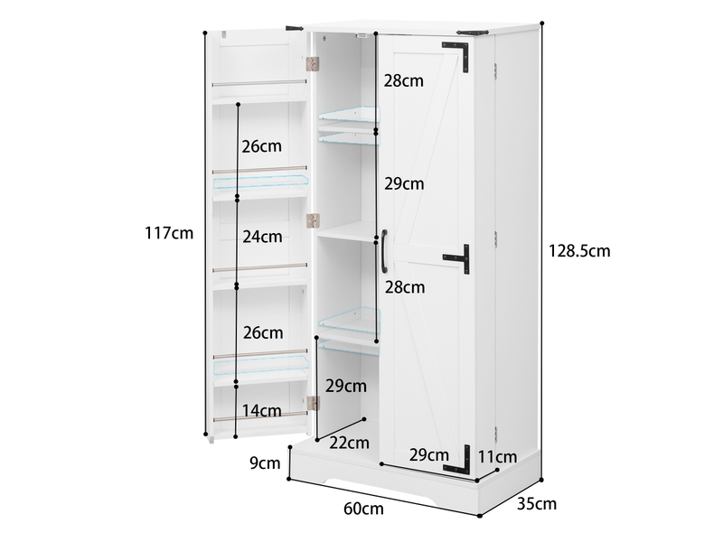  Armoire de cuisine 128,5 cm, buffet de rangement style campagne avec éclairage led, 2 portes, étagères réglables, blanc  - Conforama R