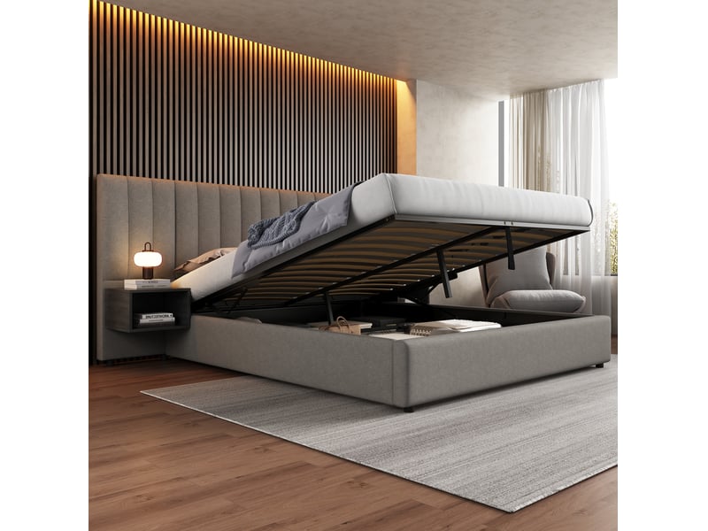 Lit coffre 2 places 180x200 cm avec 2 chevets, tête de lit, sommier et espace de rangement, revêtement lin gris, sans matelas - Conforama B