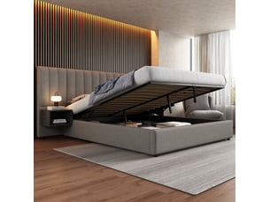 Lit coffre 2 places 180x200 cm avec 2 chevets, tête de lit, sommier et espace de rangement, revêtement lin gris, sans matelas