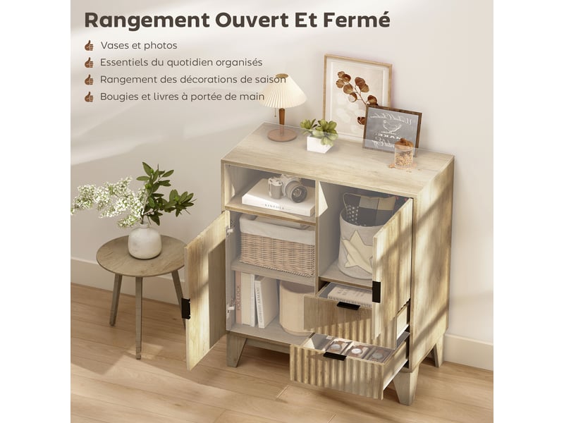 Buffet salon, meuble de rangement, 2 portes, 2 tiroirs, étagère réglable, compartiment ouvert, bois naturel, 80x40x90cm - Conforama A