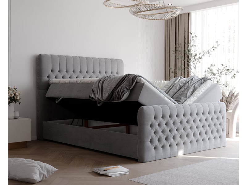  Lit adulte alba plus - 200x200 cm - matelas ressorts + surmatelas - coffre de rangement - velours dense hydrofuge gris clair ALBA PLUS - Conforama C