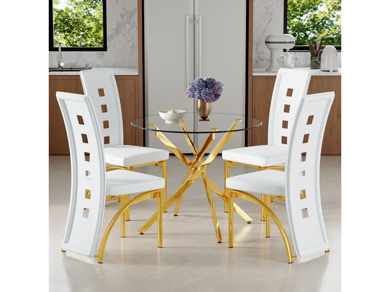  Ensemble table ronde et 4 chaises, plateau en verre trempé 88 cm, chaises blanches en similicuir, structure métallique dorée  - Conforama E