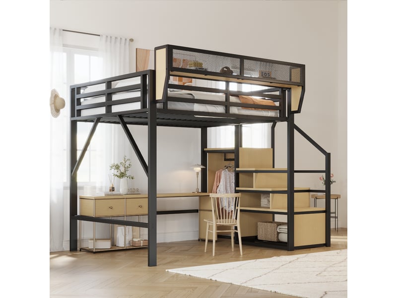  Lit mezzanine 140 x 200 cm avec échelle sécurisée et rangement modulable, couchage adulte ou enfant, structure en métal noir evarich - Conforama E