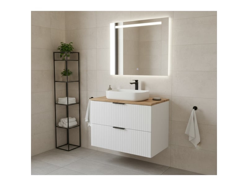  Ensemble de salle de bain noxera 80 cm – meuble sous vasque suspendu blanc mat et plan pour vasque en chêne wotan  - Conforama B