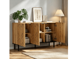 Buffet et enfilade à 3 portes fermées, façades ondulées et pieds métal, pour salon, bois naturel, 120 × 35 × 70 cm