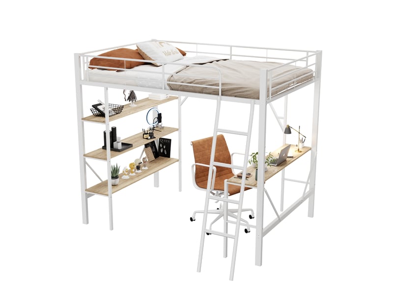  Lit mezzanine 90 × 200 cm 1 place avec bureau et 3 étagères, sans matelas, en métal et mdf, blanc  - Conforama A