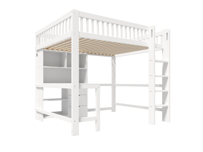  Lit mezzanine 140x200 cm avec étagères, échelle, bureau, 3 tiroirs, sans matelas, blanc, pin  - Conforama A