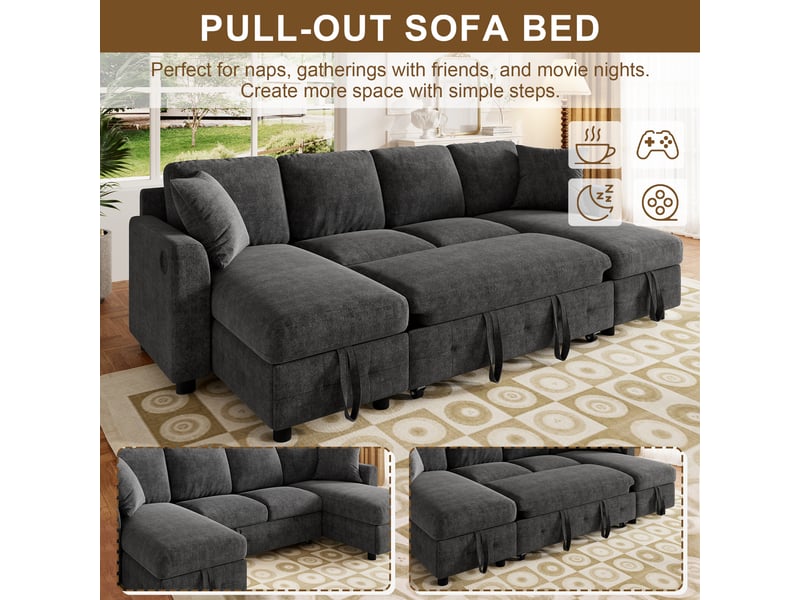  Canapé d'angle convertible en u, canapé en chenille gris avec 2 méridiennes et coffre de rangement, lit d'appoint avec ports usb pour salon  - Conforama E