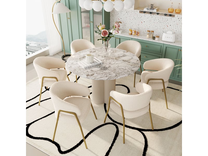 Chaises de salle à manger 6 pièces - ensemble de chaises modernes en tissu effet laine blanc avec pieds dorés, 49x48x78 cm - Conforama E