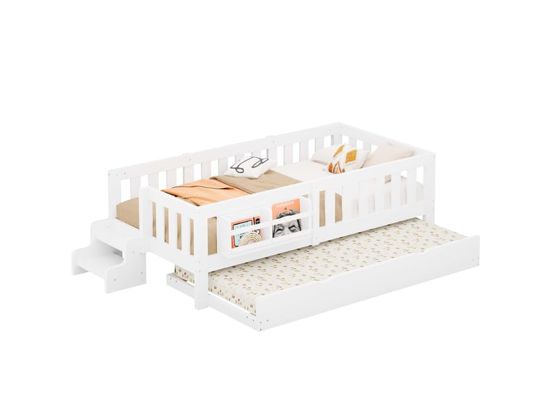  Lit enfant 90 × 200 cm avec lit gigogne, barrières de protection, escalier à deux marches et bibliothèque pour chambre  - Conforama A