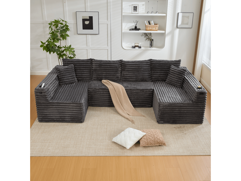  Canapé d'angle panoramique fixe 6 places tissu gris foncé canapé compressible - Conforama D