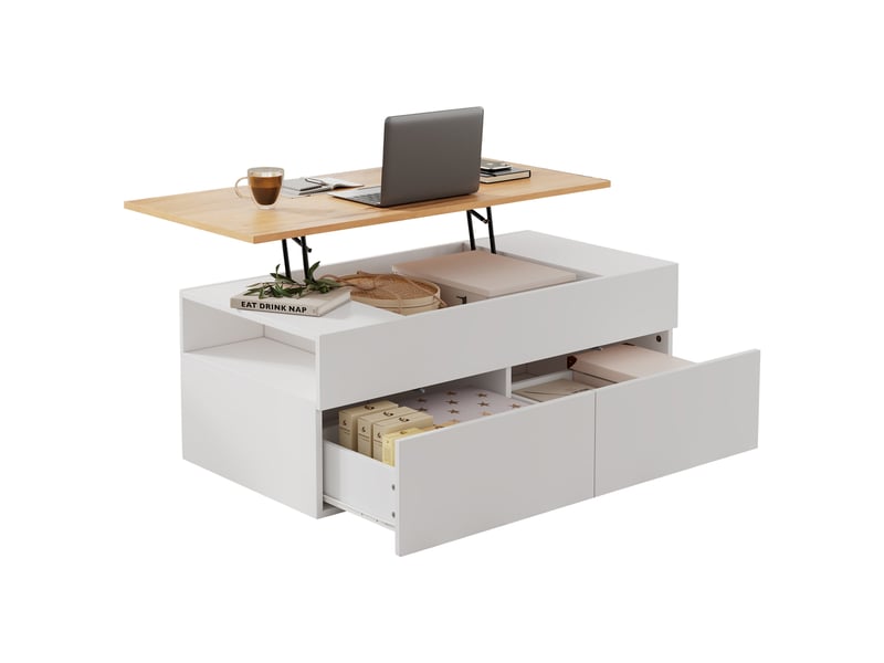  Table basse relevable avec 2 tiroirs, 100 x 50 x 40 cm, blanc et aspect bois  - Conforama A