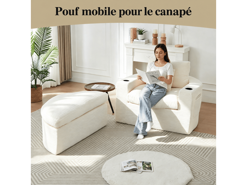 Fauteuil rond extra large en velours côtelé beige avec pouf mobile, porte-gobelets et rangement latéral 156 x 136 x 88 cm 156X136X88cm - Conforama E